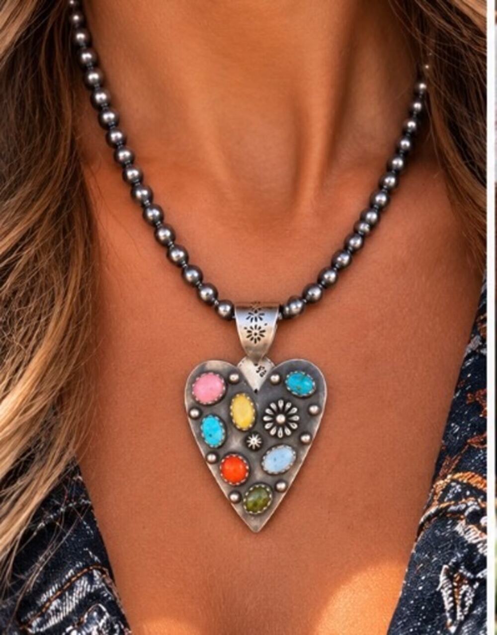 Multi-Stone Heart Pendant – Sonoran & Blackjack Turquoise, Pink Conch, SS